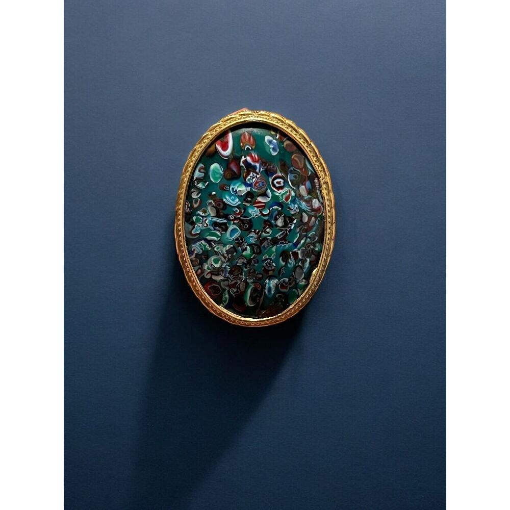 Vintage Art Glass Millefiori Look Large Statement Brooch Gold Tone Oval Frame